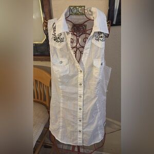 Guess White Sleeveless Button-Up Shirt with Stud Embellishments